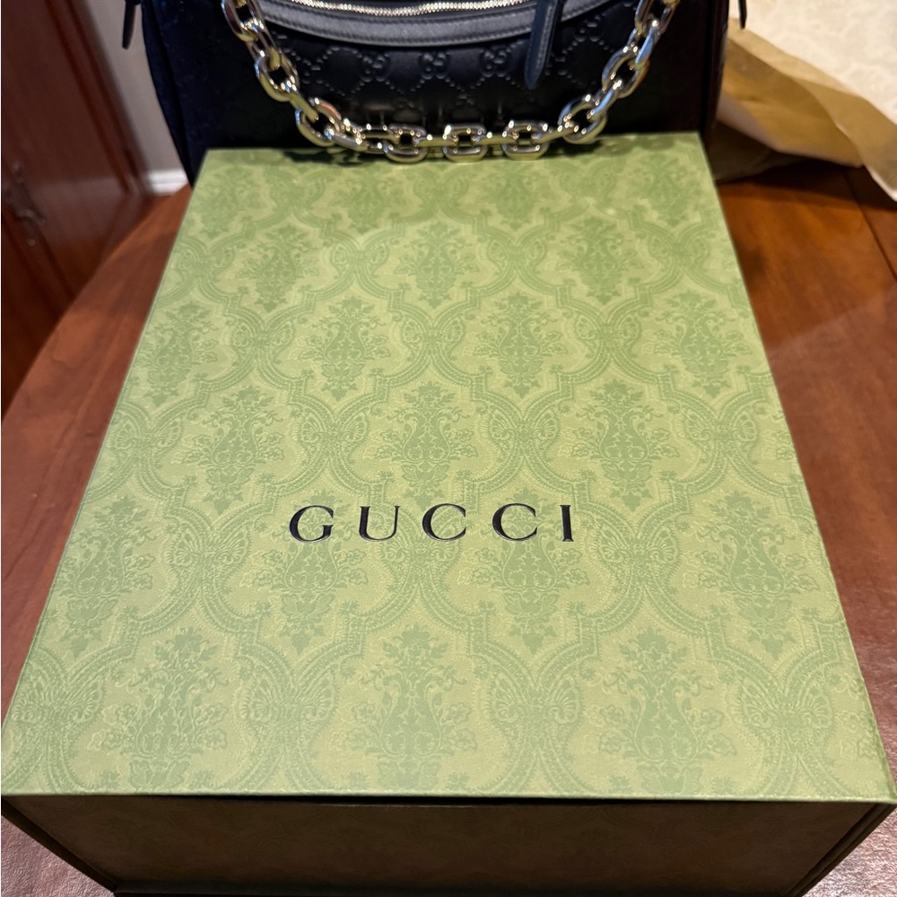Gucci Black Embossed Leather Logo Patch with Chain handle